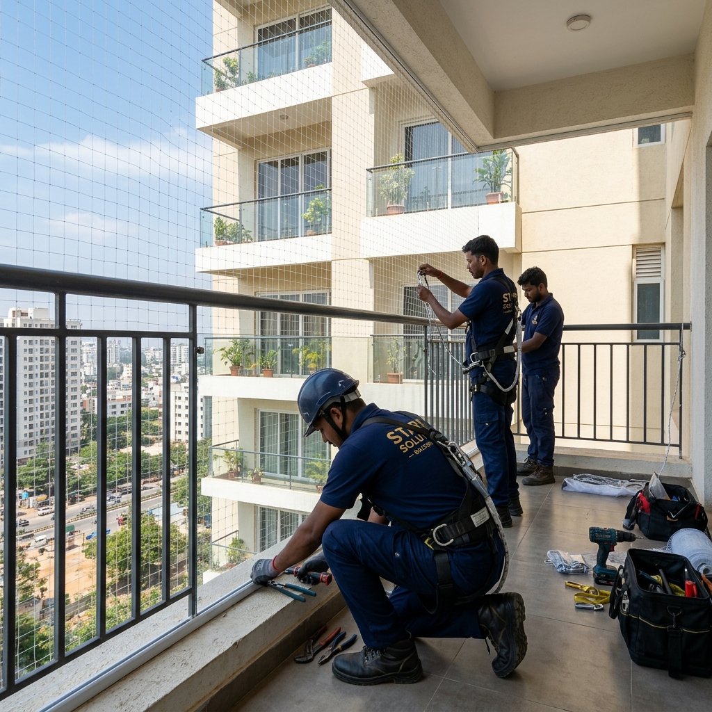 KDR Enterprises professional team installing safety nets on a high-rise balcony in Andhra Pradesh